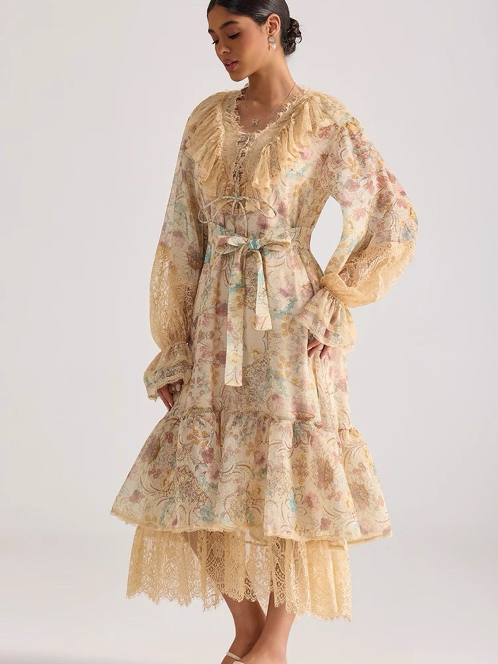 Designer-style Lace-Tiered Midi Dress in Pale Gold